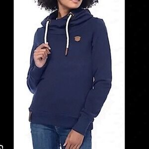 Naketano Hoodie Women S Navy Blue Cowl Neck Rope Drawstring Fleece Owl Patch